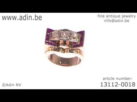 French Art Retro ring with old mine cut diamonds and carre cut rubies. (Adi