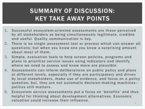 Key points on Ecosystems Assessment tools