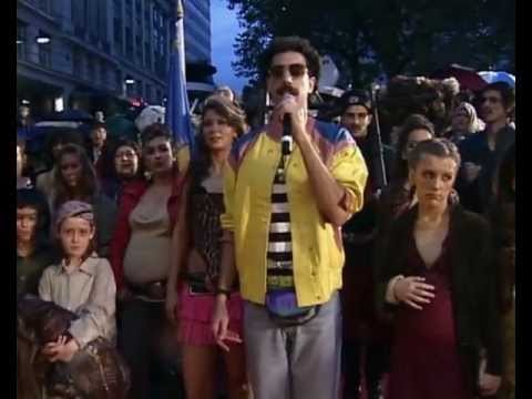 Borat (Sacha Baron Cohen) sings the Kazakhstan national anthem