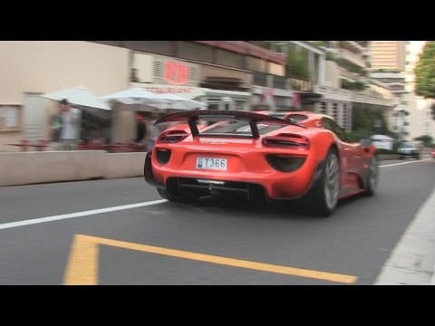 Orange Porsche 918 Spyder in Monaco | Driving in electric and in fuel mode 