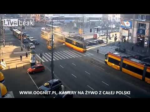 2 trolleys crashing head on  in Warsaw