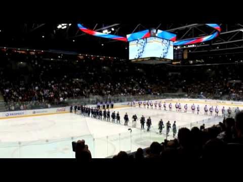 National anthems of Russia and Slovakia before the game between Lokomotiv a